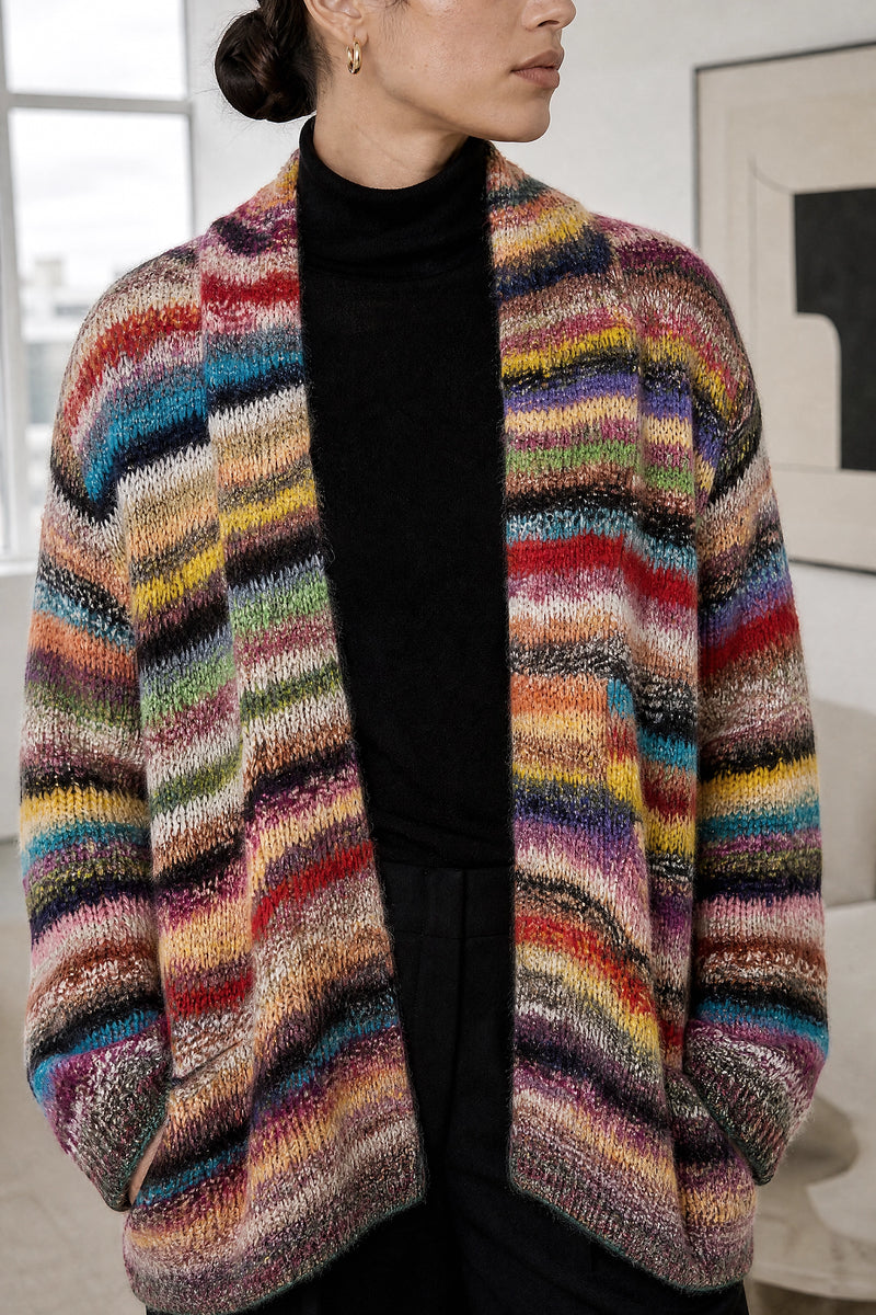 Fatima | Rainbow Stripe Cardigan in Red, fabric close-up