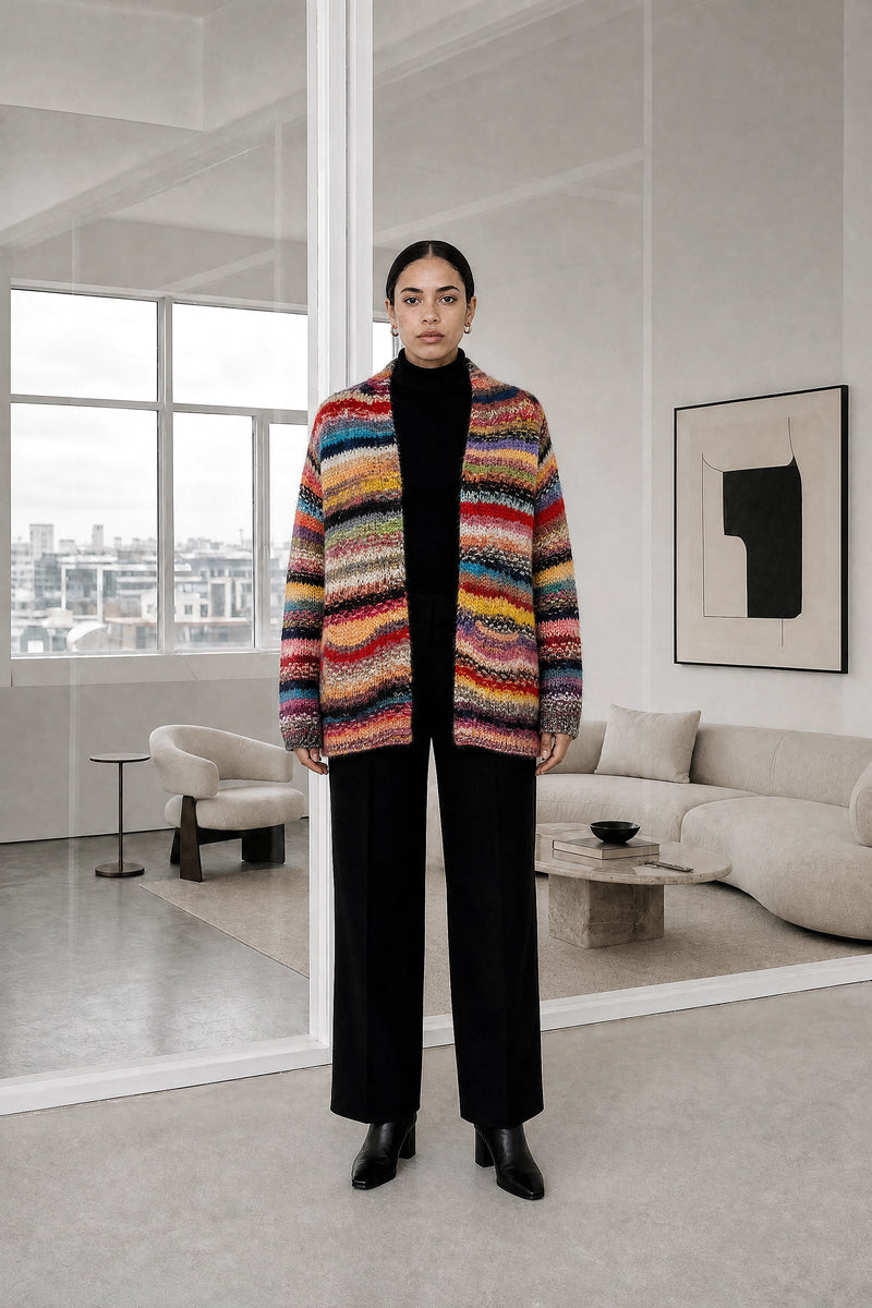 Fatima | Rainbow Stripe Cardigan in Red, studio front view