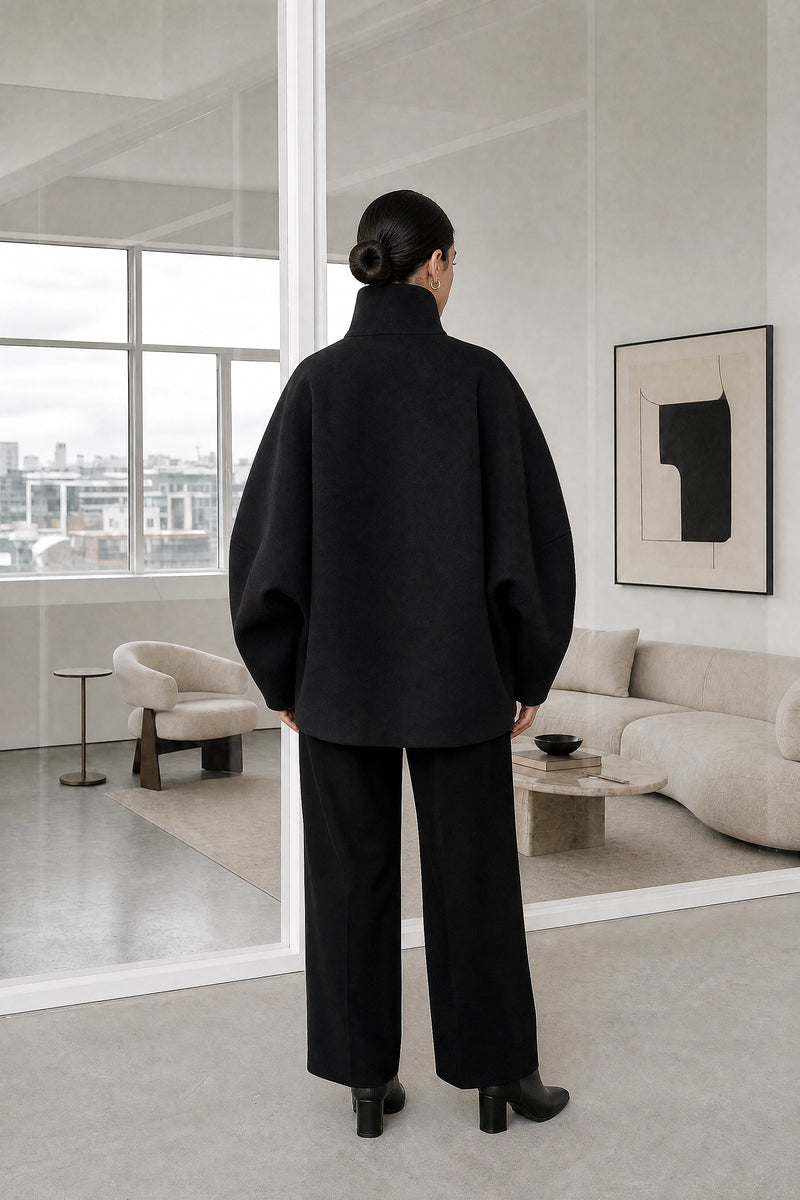 Fernanda | Stand-Up Collar Coat in Black, studio back view