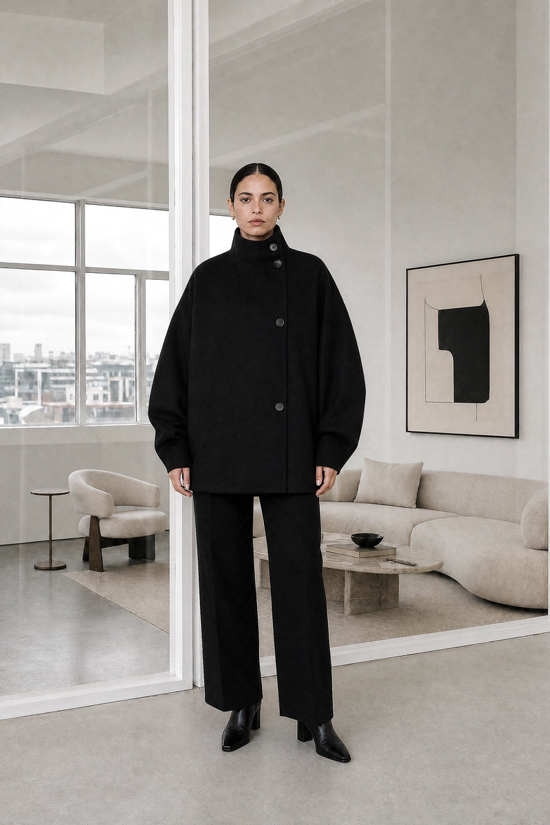 Fernanda | Stand-Up Collar Coat in Black, studio front view