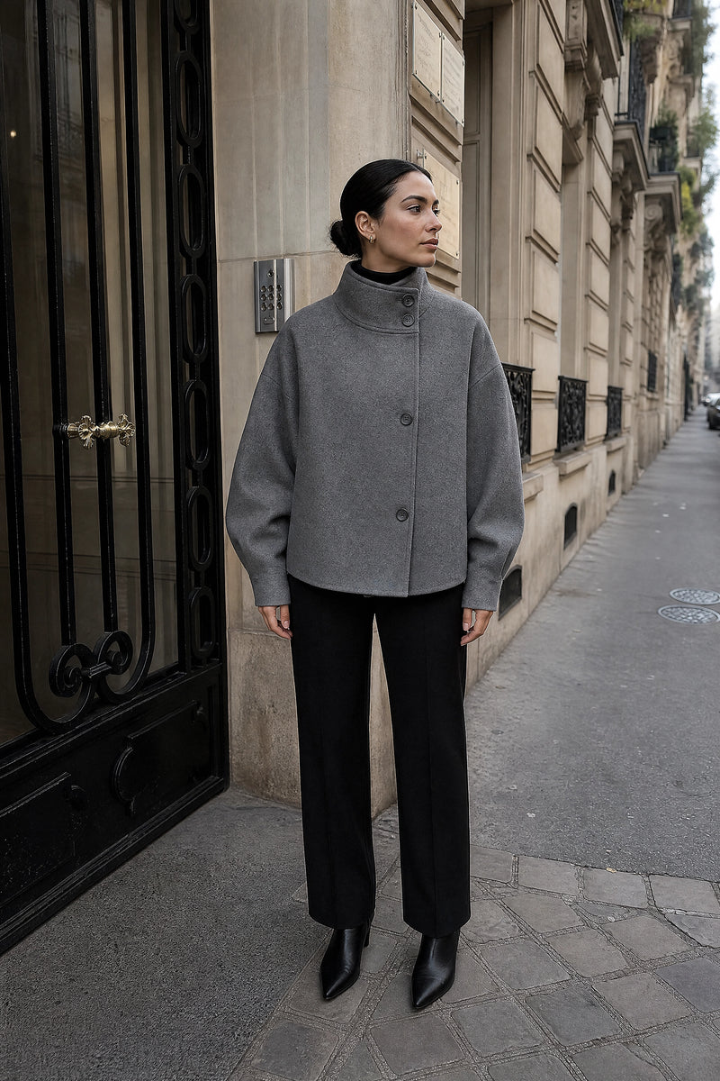 SOFAINE-V7-LIFE-Fernanda | Stand-Up Collar Coat in Grey, street-style view