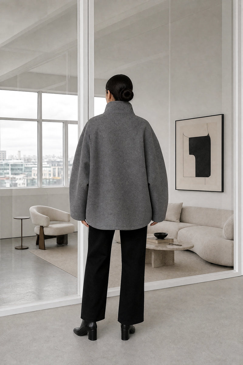 Fernanda | Stand-Up Collar Coat in Grey, studio back view