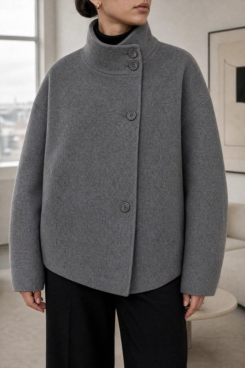 Fernanda | Stand-Up Collar Coat in Grey, fabric close-up