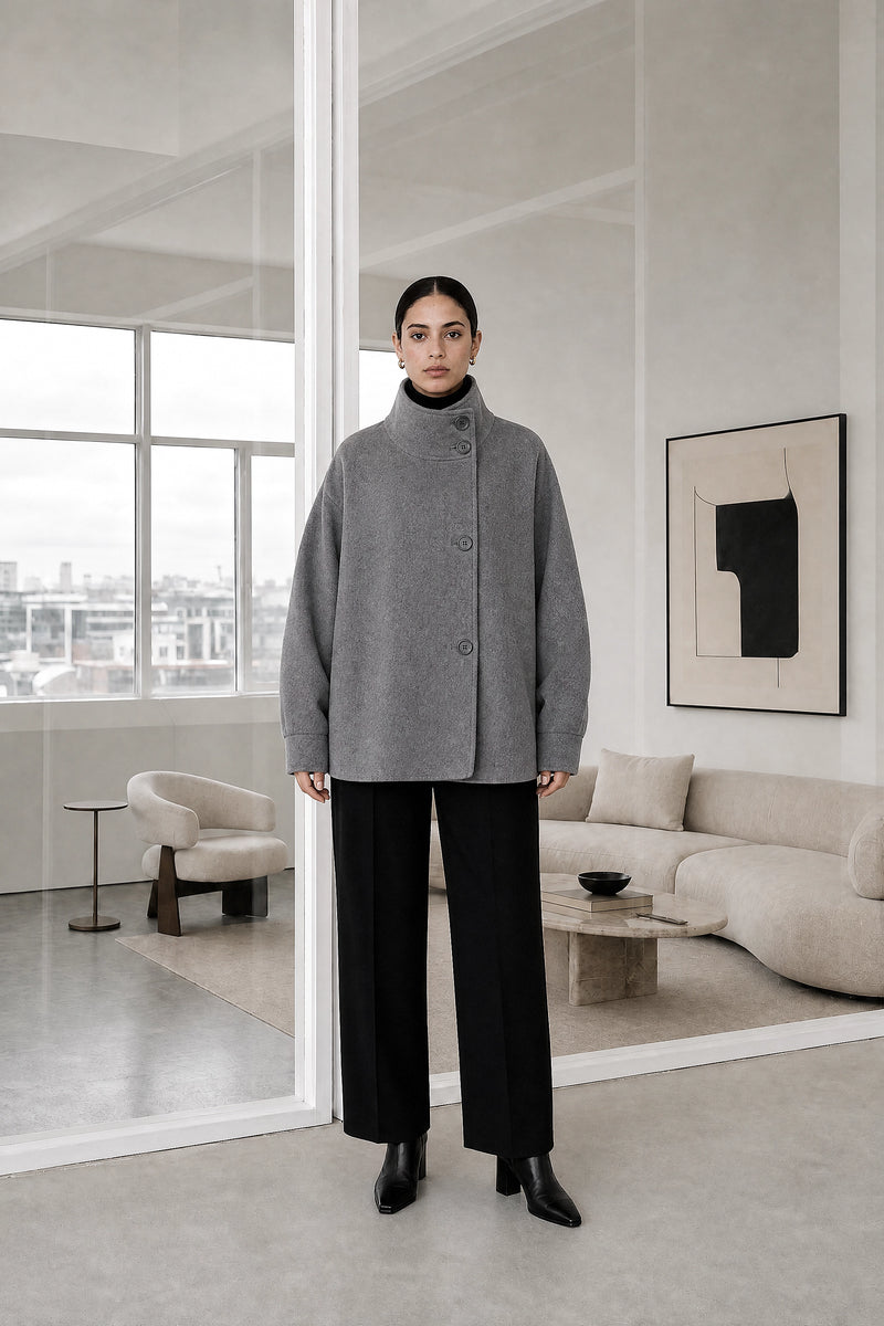 Fernanda | Stand-Up Collar Coat in Grey, studio front view