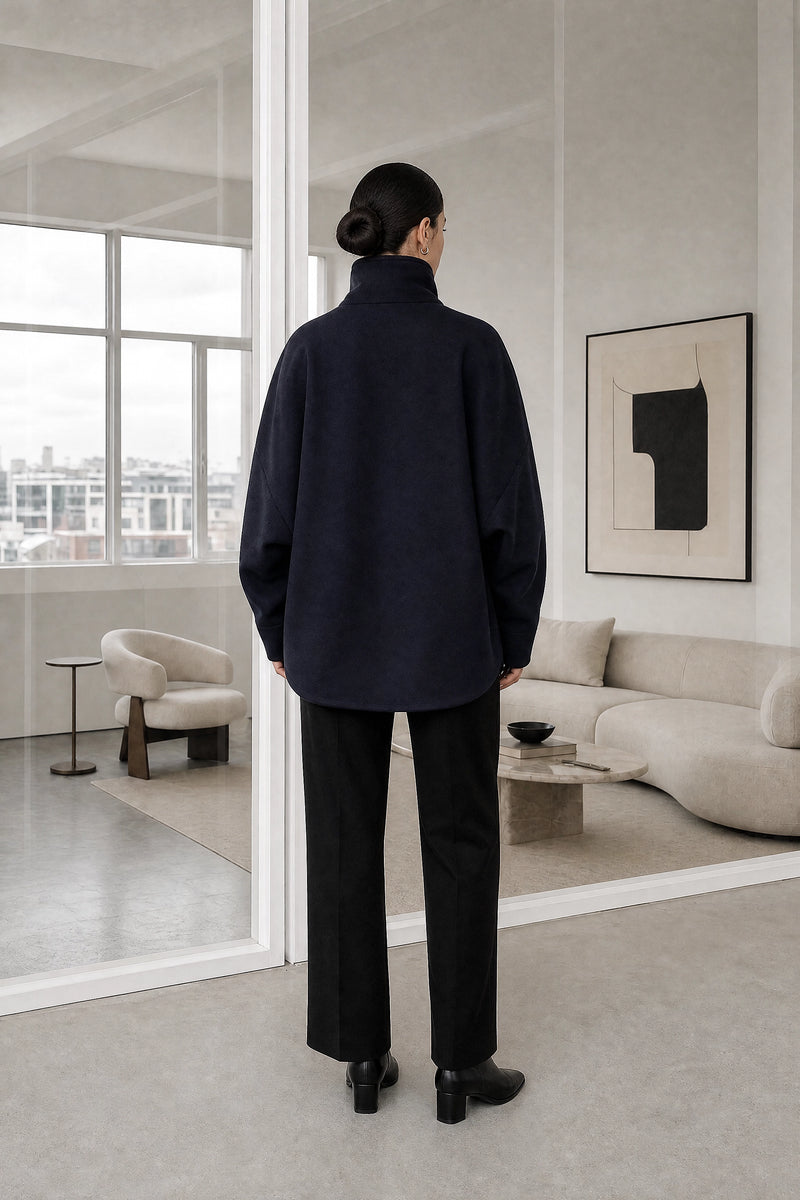 Fernanda | Stand-Up Collar Coat in Navy Blue, studio back view
