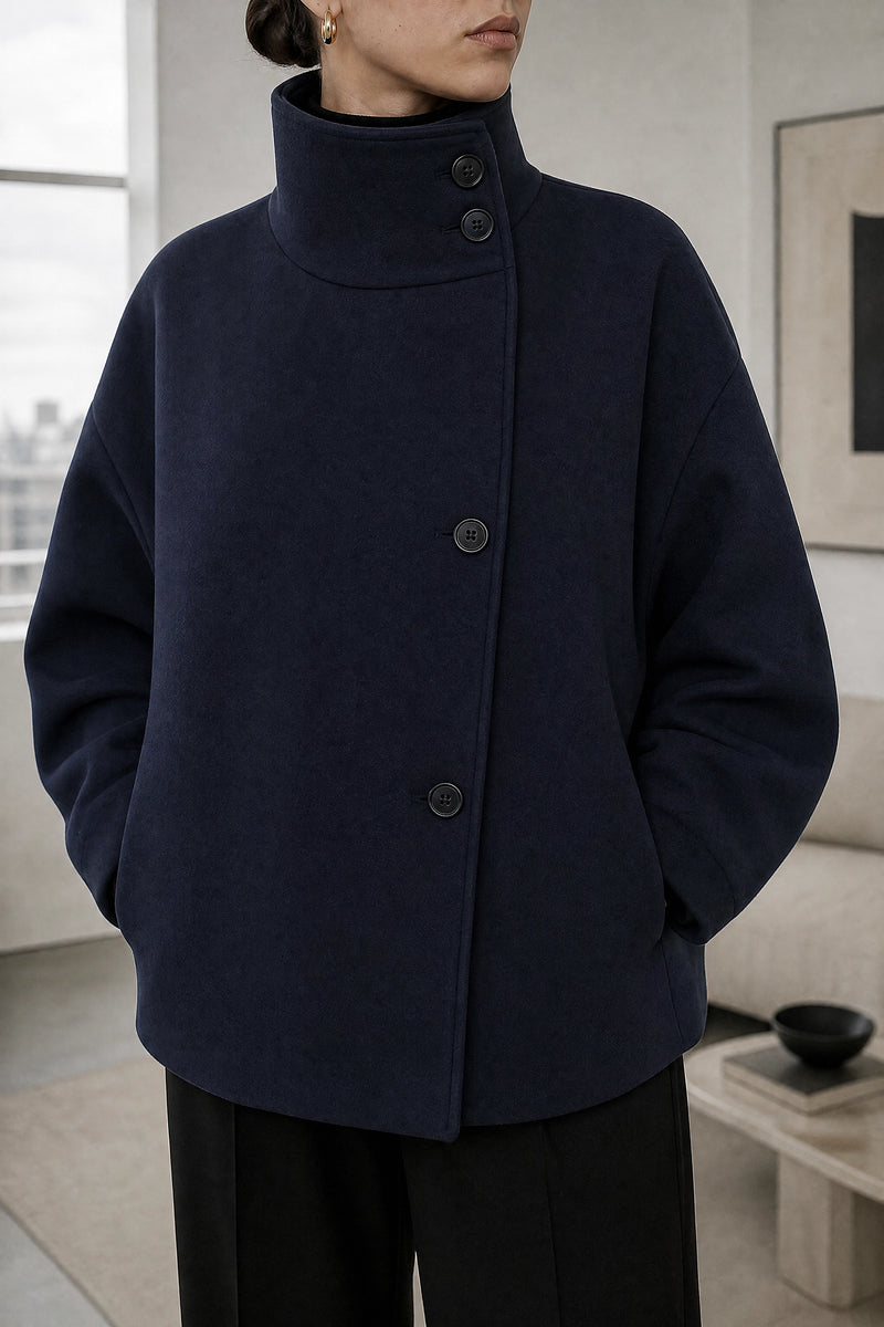 Fernanda | Stand-Up Collar Coat in Navy Blue, fabric close-up