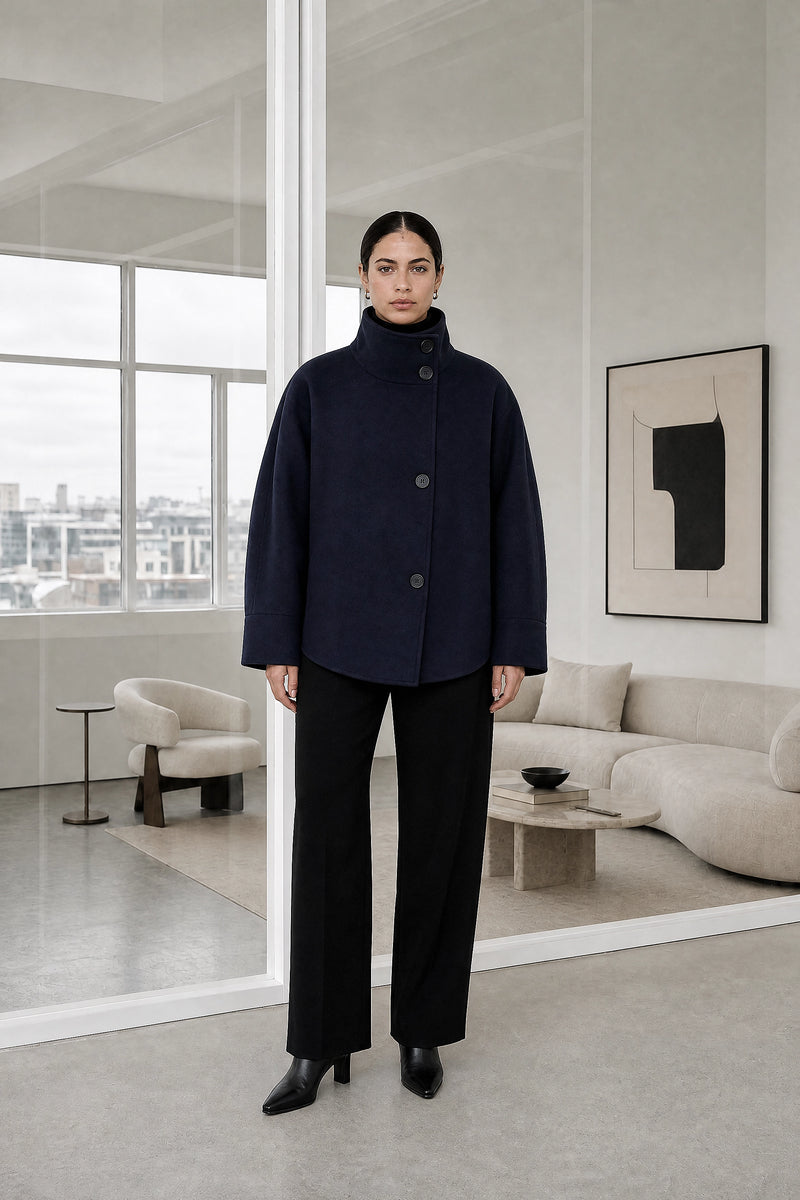 Fernanda | Stand-Up Collar Coat in Navy Blue, studio front view