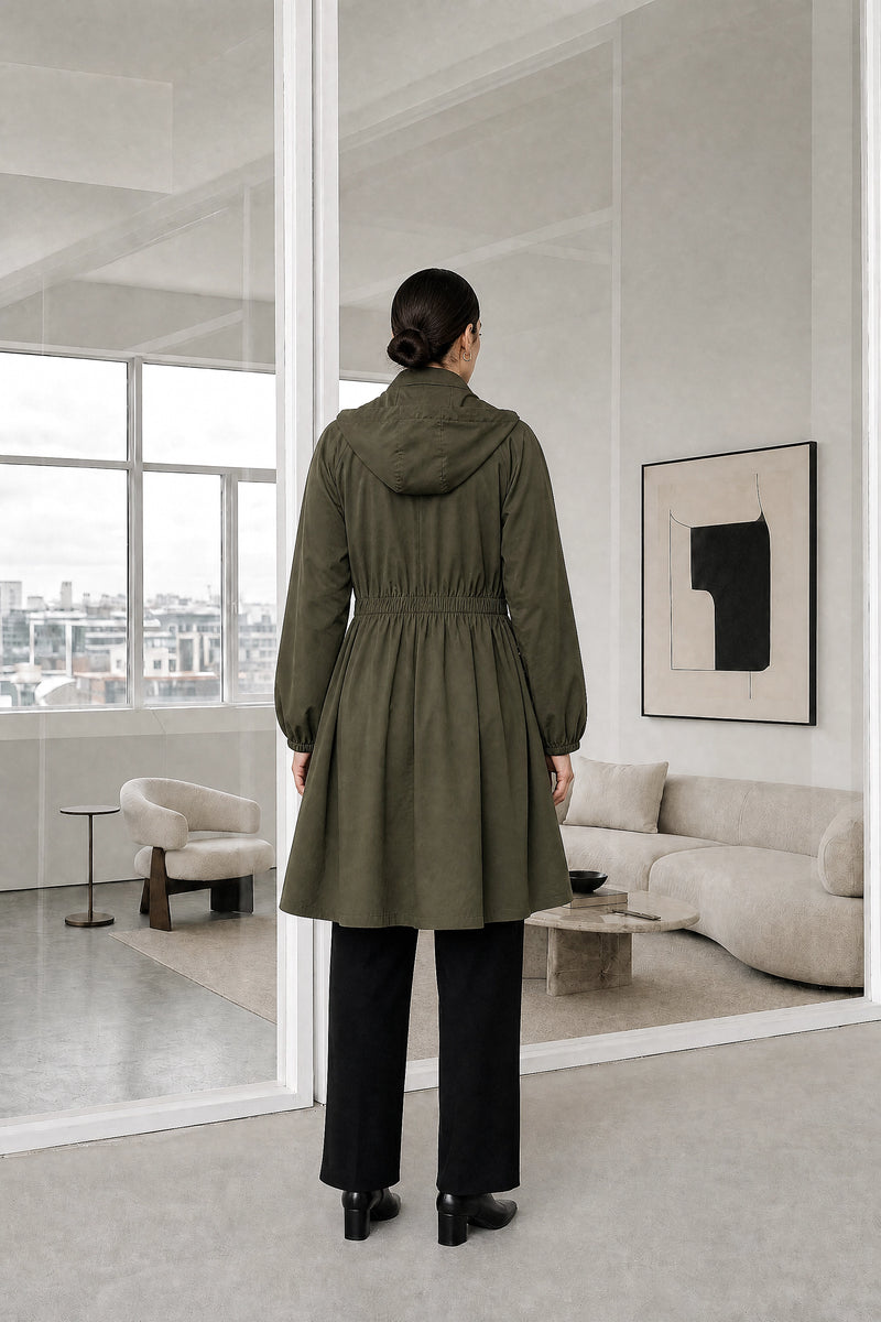 Filippa | Hooded Zip-Up Coat in Army Green, studio back view