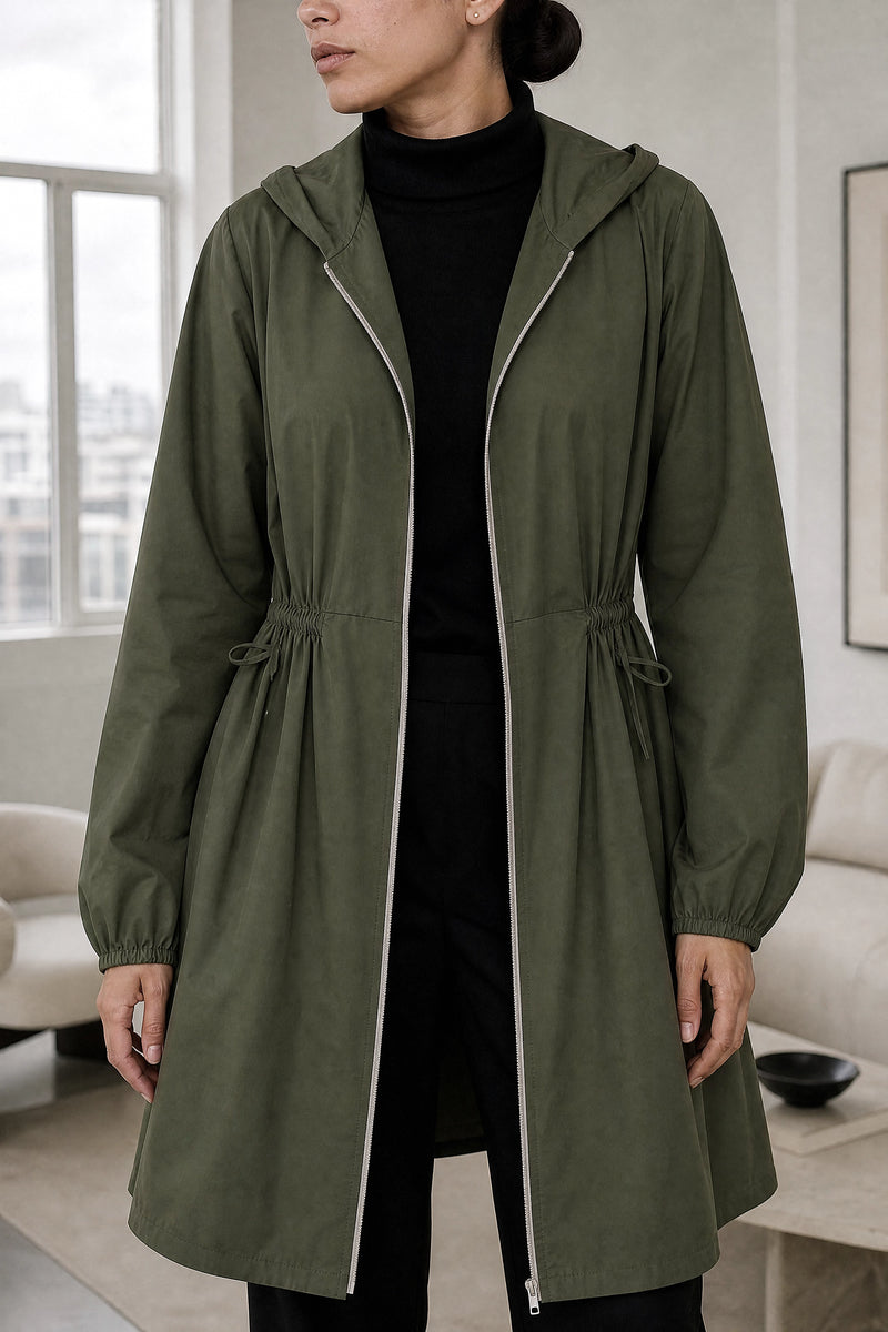 Filippa | Hooded Zip-Up Coat in Army Green, fabric close-up