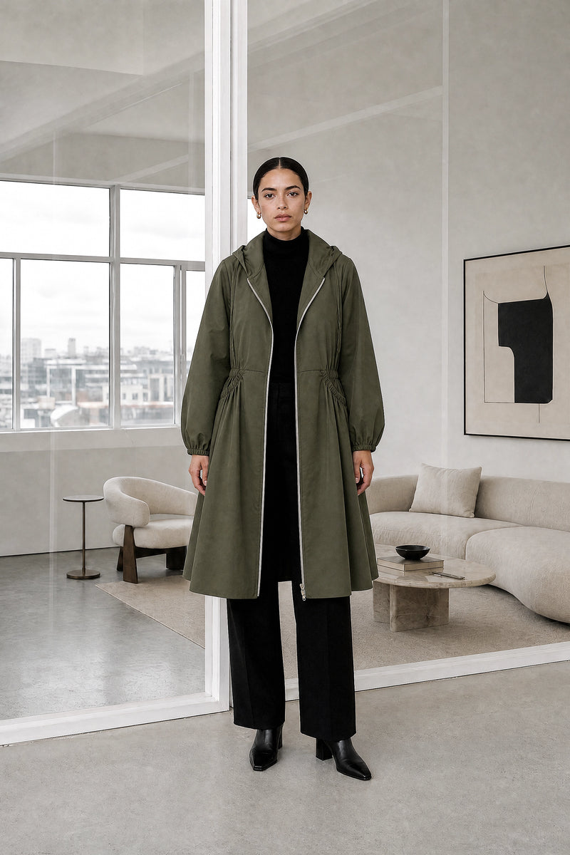 Filippa | Hooded Zip-Up Coat in Army Green, studio front view