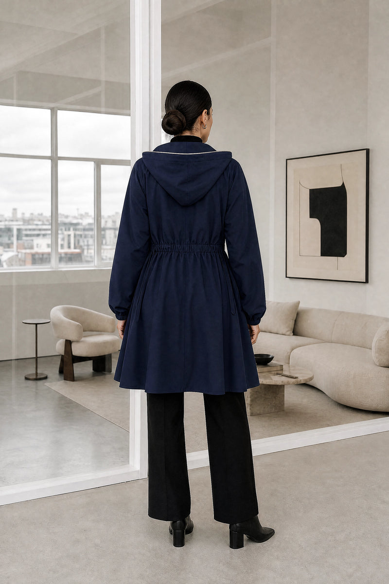 Filippa | Hooded Zip-Up Coat in Navy Blue, studio back view