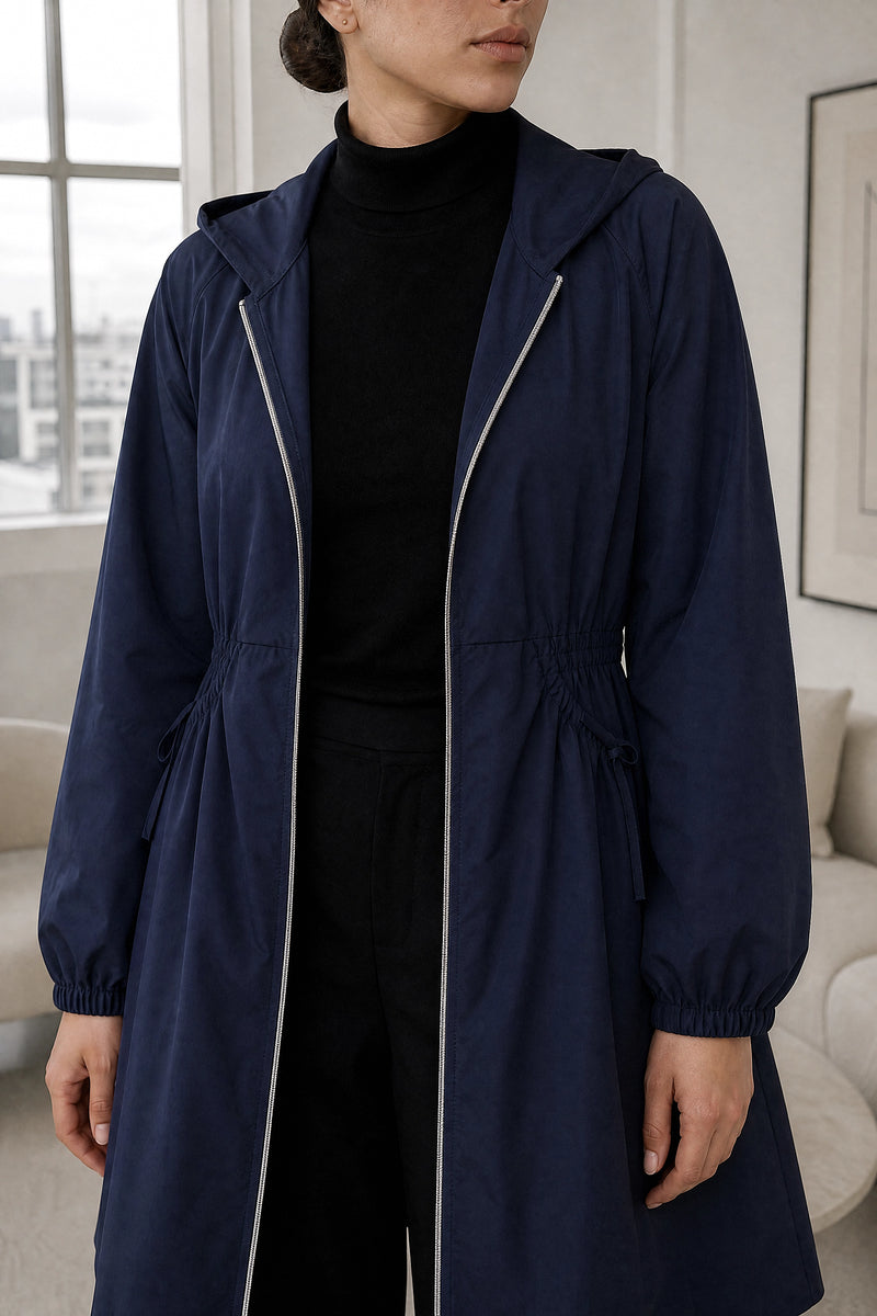 Filippa | Hooded Zip-Up Coat in Navy Blue, fabric close-up