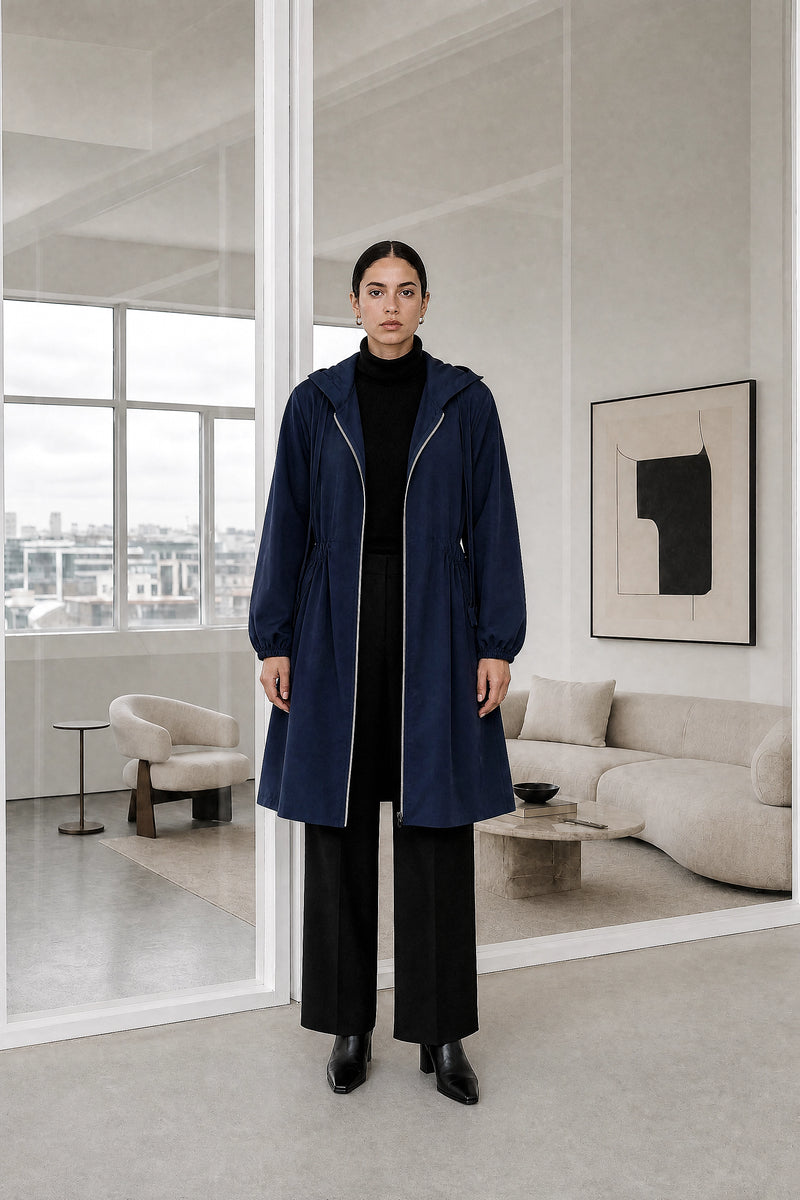 Filippa | Hooded Zip-Up Coat in Navy Blue, studio front view