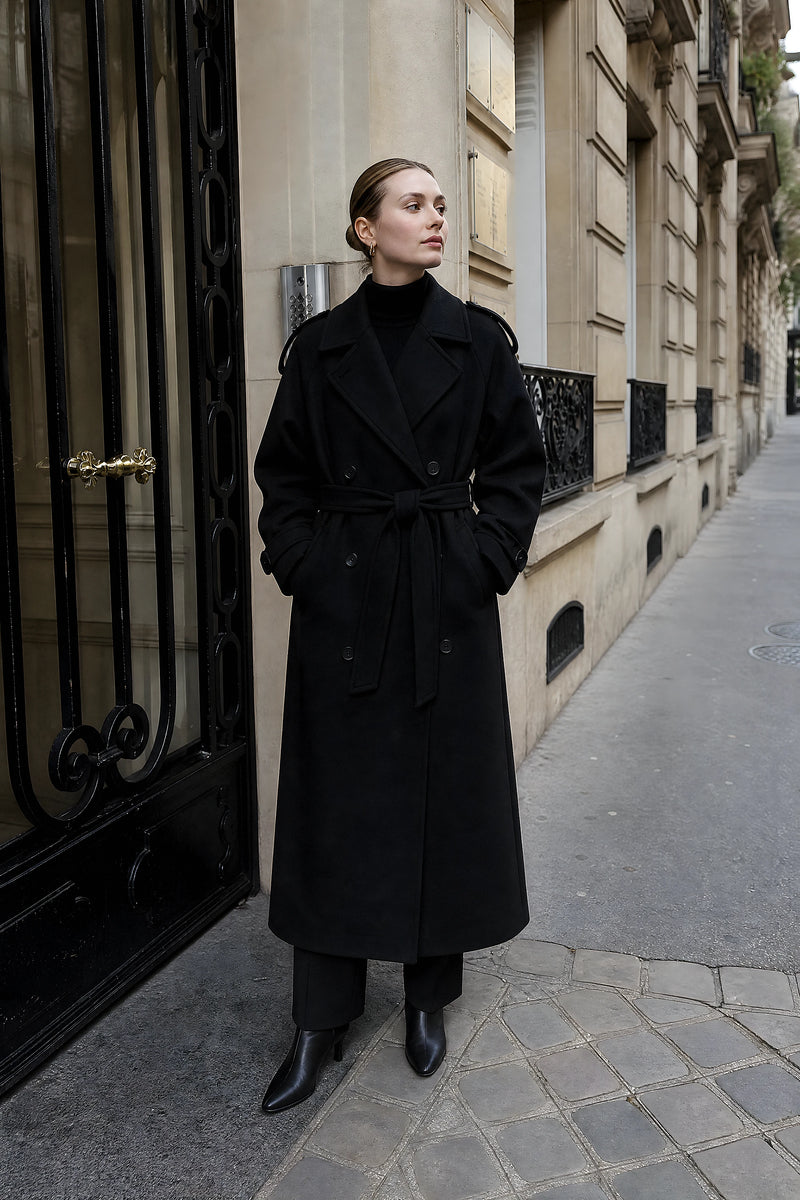 SOFAINE-V7-LIFE-Fiorella | Oversized Trench Coat in Black, street style
