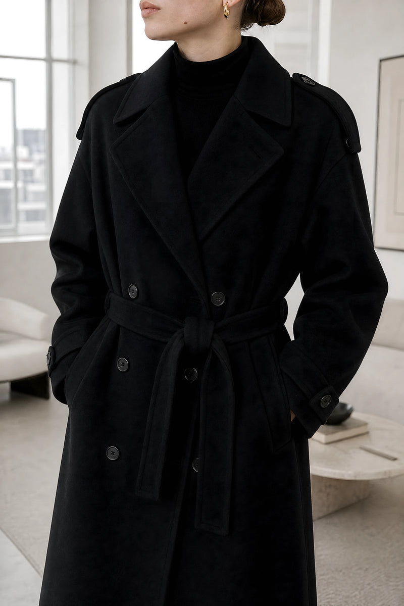 Fiorella | Oversized Trench Coat in Black, studio close-up