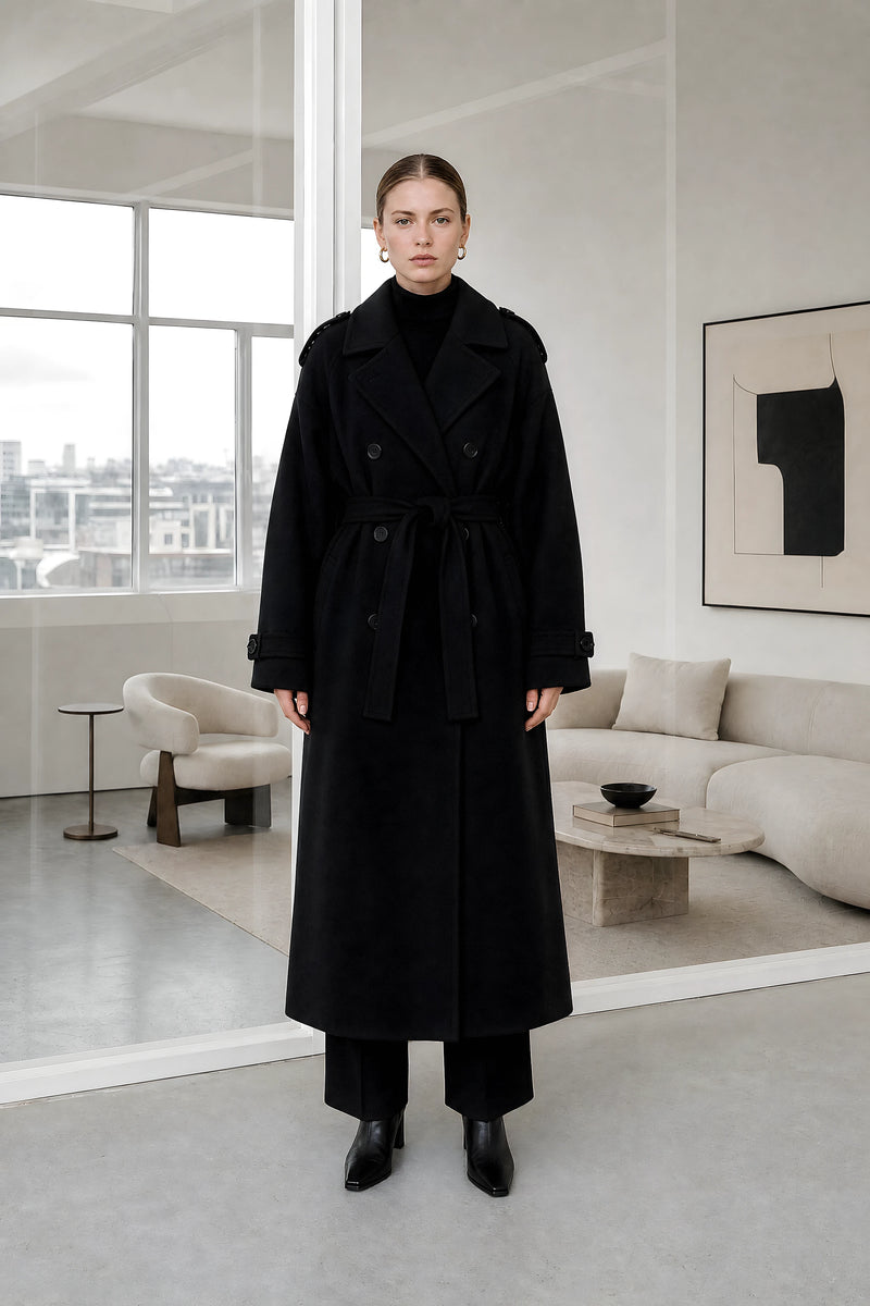 Fiorella | Oversized Trench Coat in Black, studio front