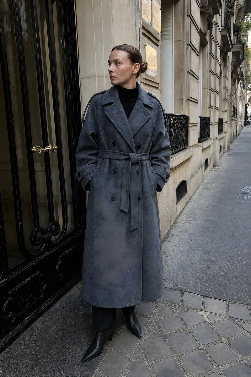 SOFAINE-V7-LIFE-Fiorella | Oversized Trench Coat in Gray, street style
