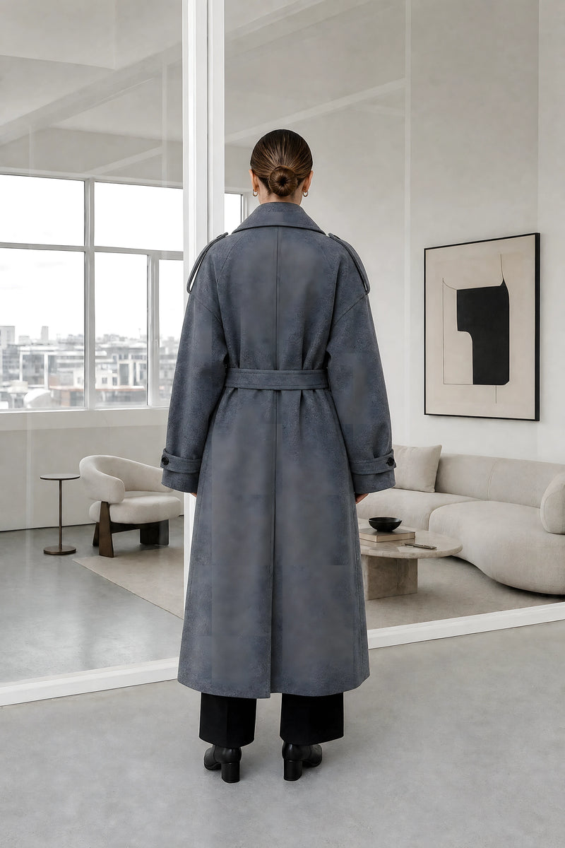 Fiorella | Oversized Trench Coat in Gray, studio back