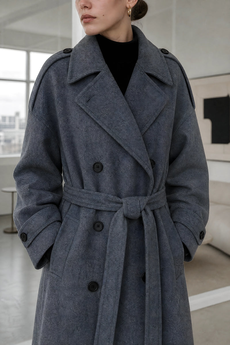 Fiorella | Oversized Trench Coat in Gray, studio close-up