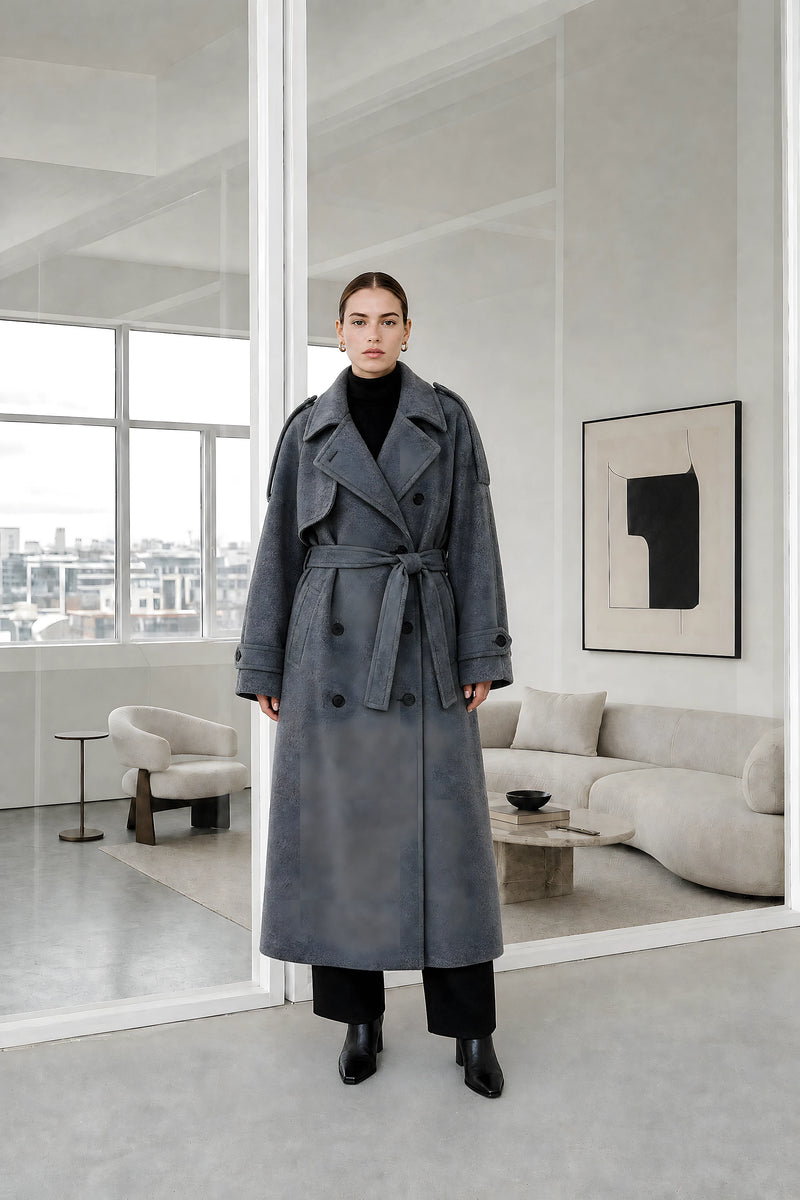 Fiorella | Oversized Trench Coat in Gray, studio front