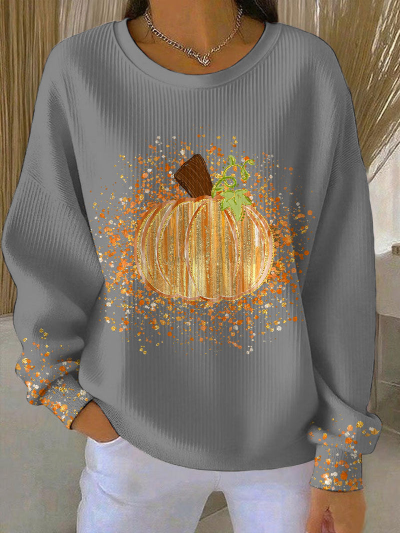 Pumpkin Graphic Crewneck Sweatshirt for Women with Ribbed Texture in Light Gray, front view