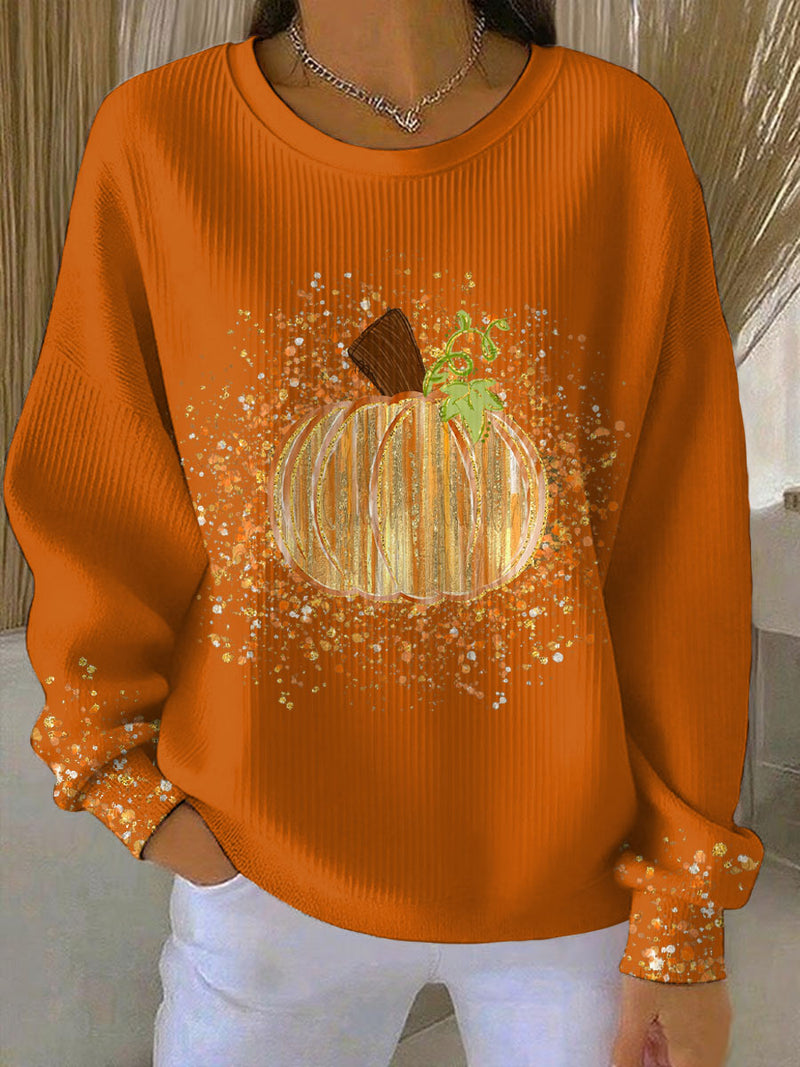 Pumpkin Graphic Crewneck Sweatshirt for Women with Ribbed Texture in Orange, front view