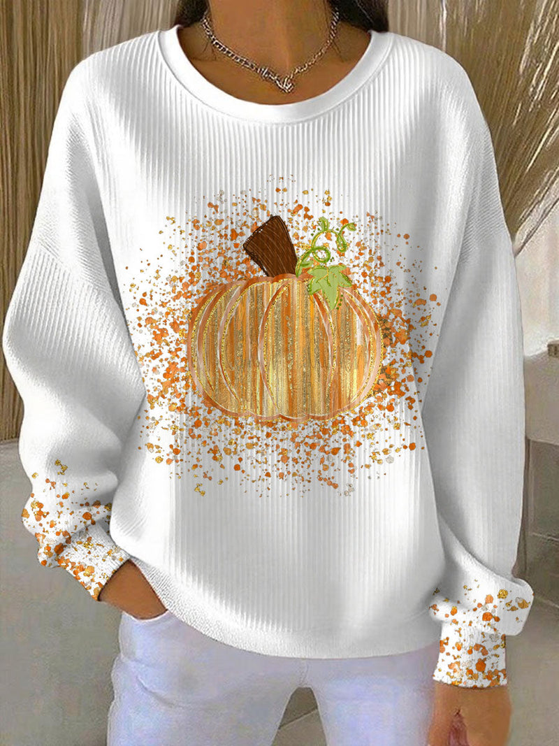 Pumpkin Graphic Crewneck Sweatshirt for Women with Ribbed Texture in White, front view