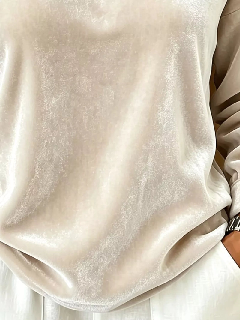 Asymmetrical Velvet Top for Women with Buckle Strap and Long Sleeves in Beige, fabric detail