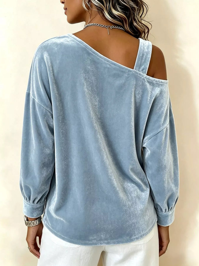 Asymmetrical Velvet Top for Women with Buckle Strap and Long Sleeves in Blue, back view