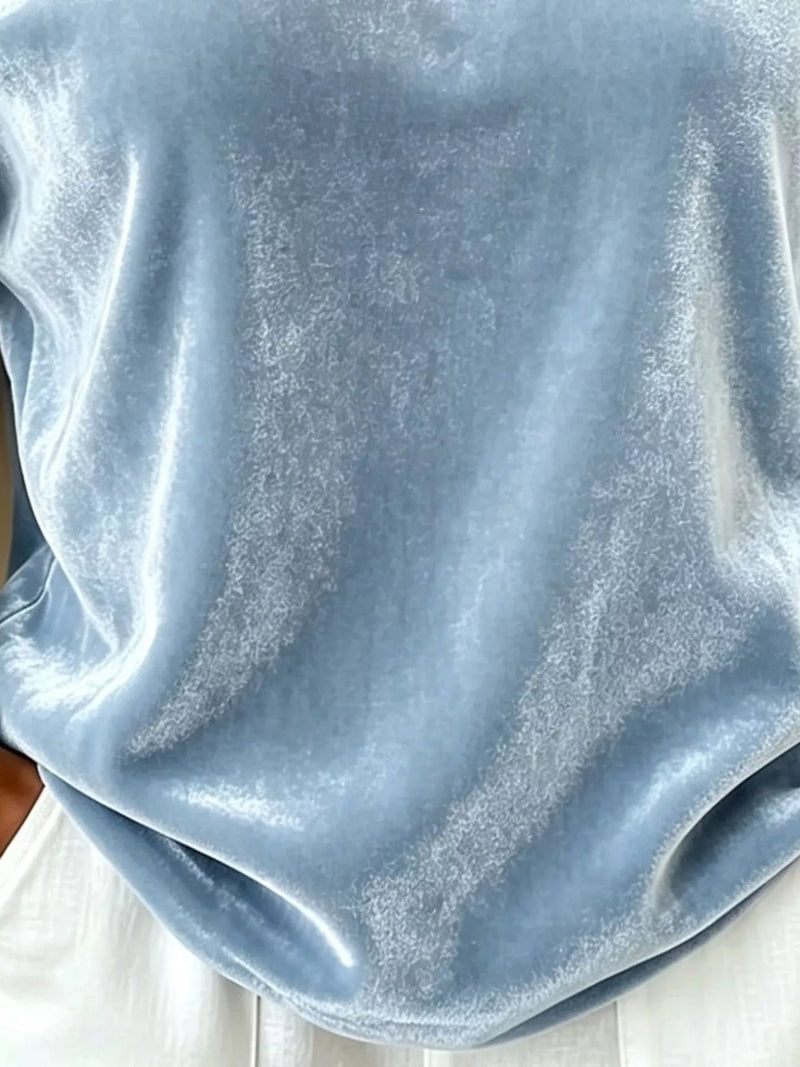 Asymmetrical Velvet Top for Women with Buckle Strap and Long Sleeves in Blue, fabric detail