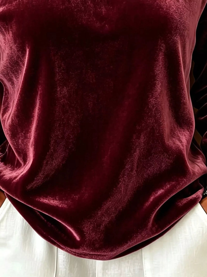 Asymmetrical Velvet Top for Women with Buckle Strap and Long Sleeves in Burgundy, fabric detail