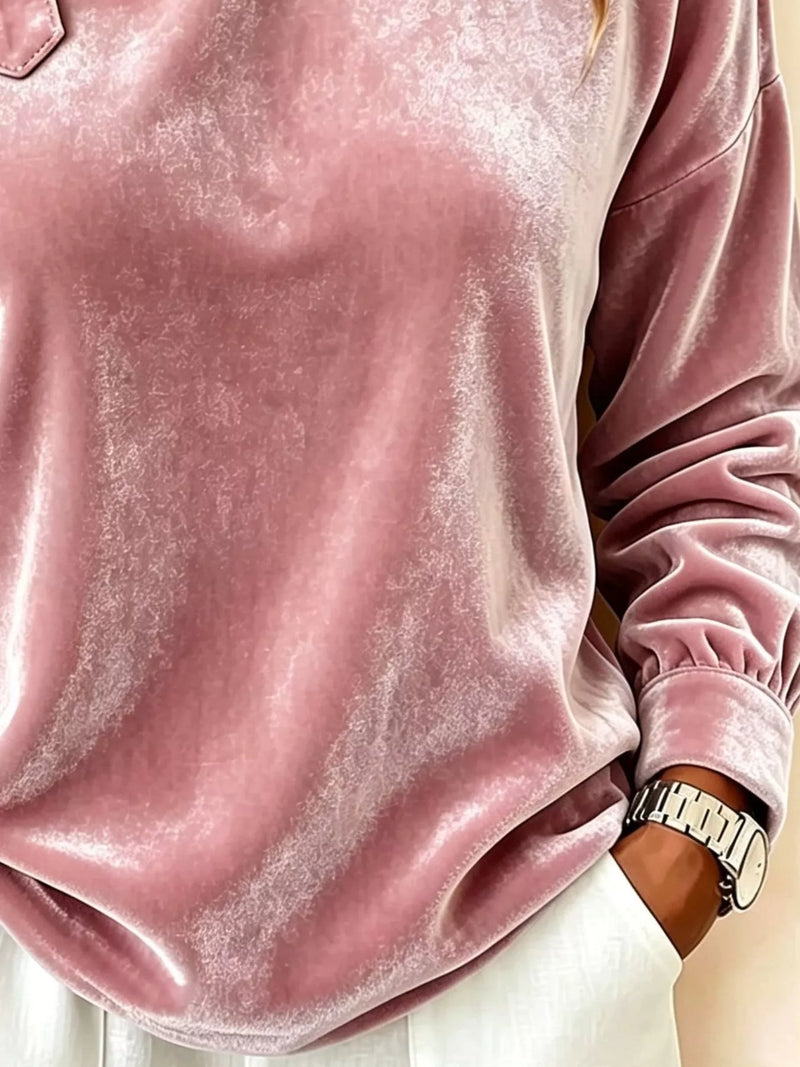 Asymmetrical Velvet Top for Women with Buckle Strap and Long Sleeves in Pink, fabric detail