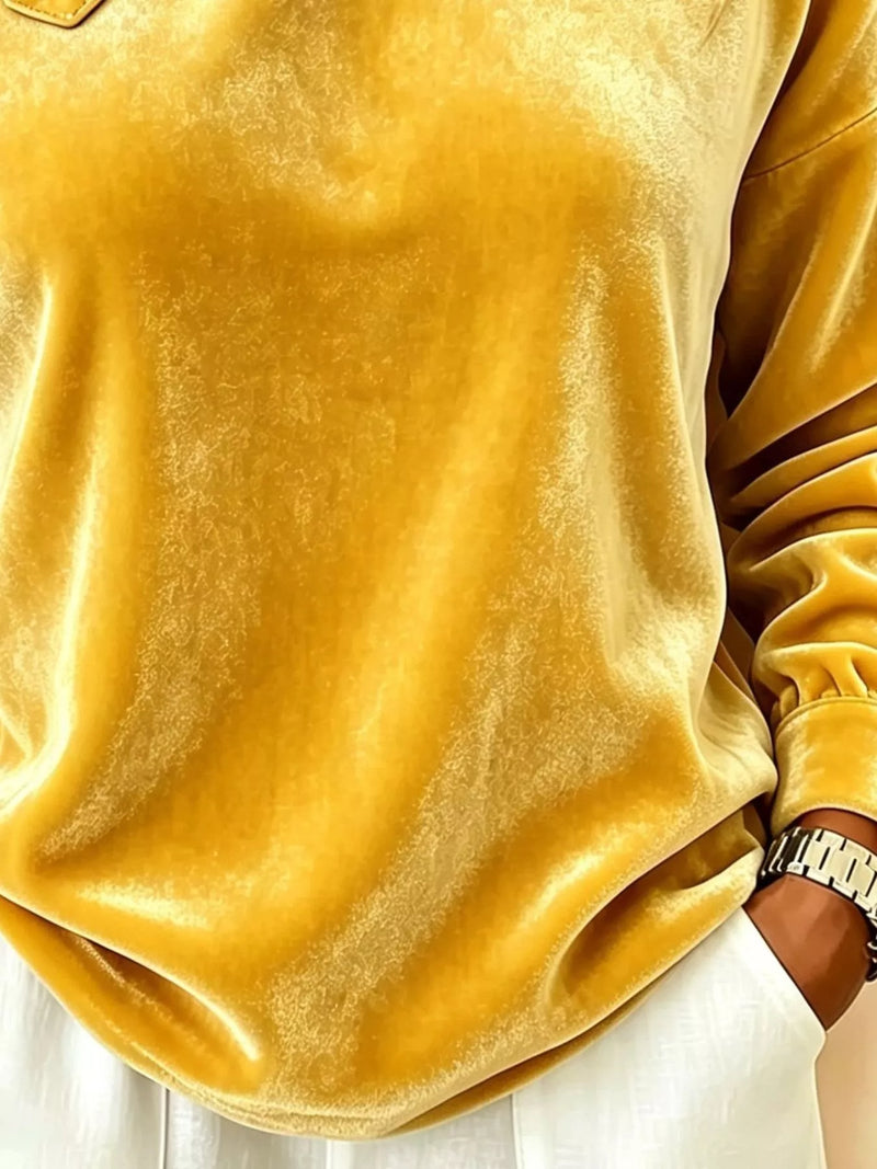 Asymmetrical Velvet Top for Women with Buckle Strap and Long Sleeves in Yellow, fabric detail