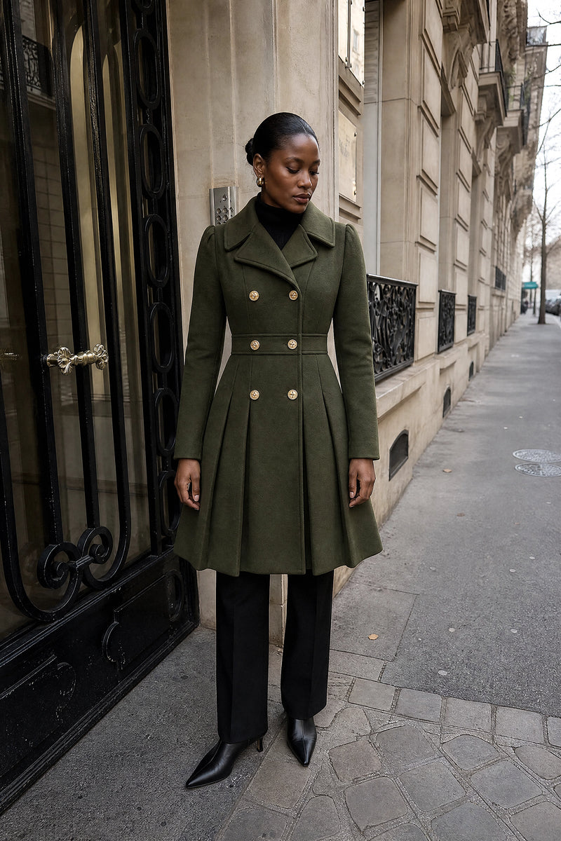 SOFAINE-V7-LIFE-Flora | Double Button Coat in Army Green, street-style view