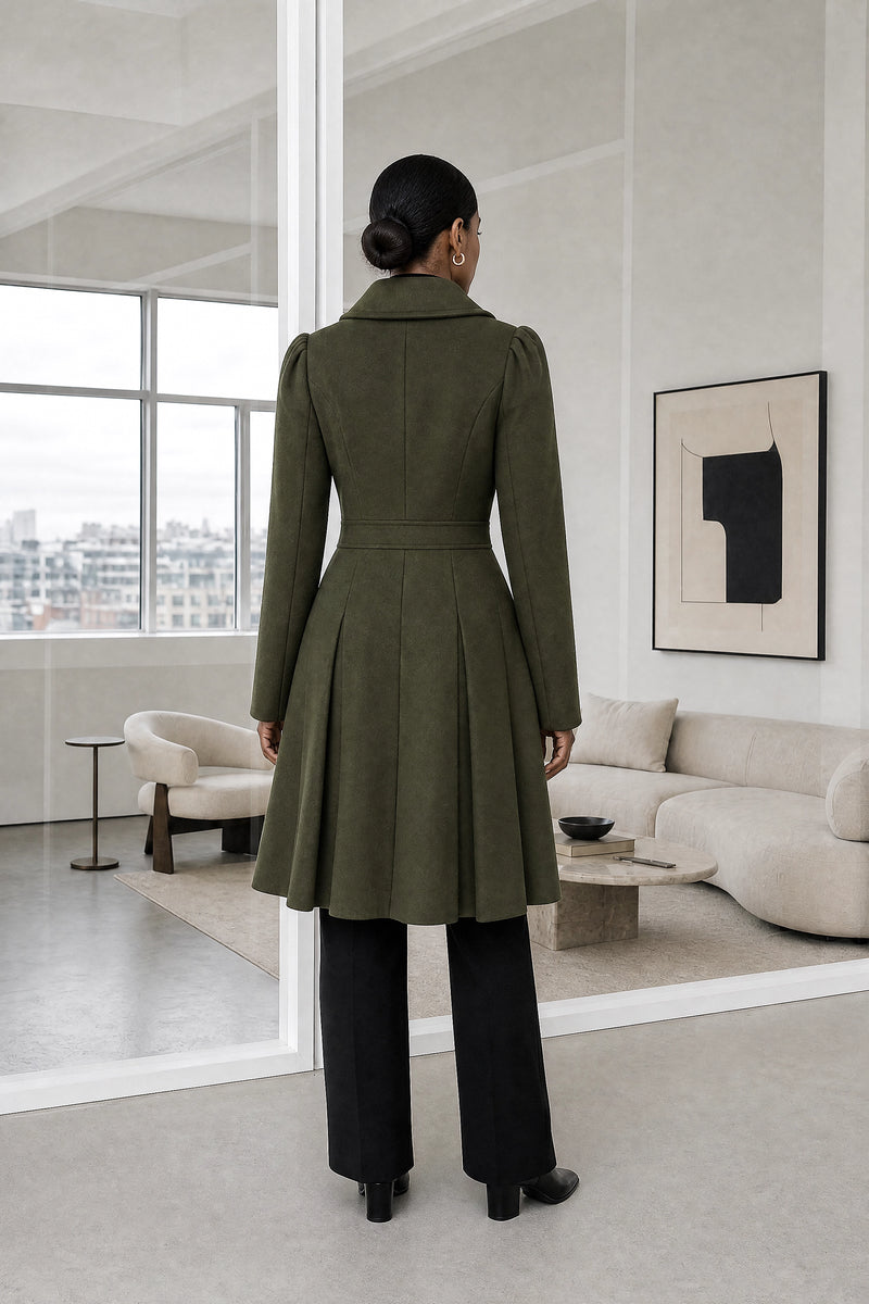 Flora | Double Button Coat in Army Green, studio back view