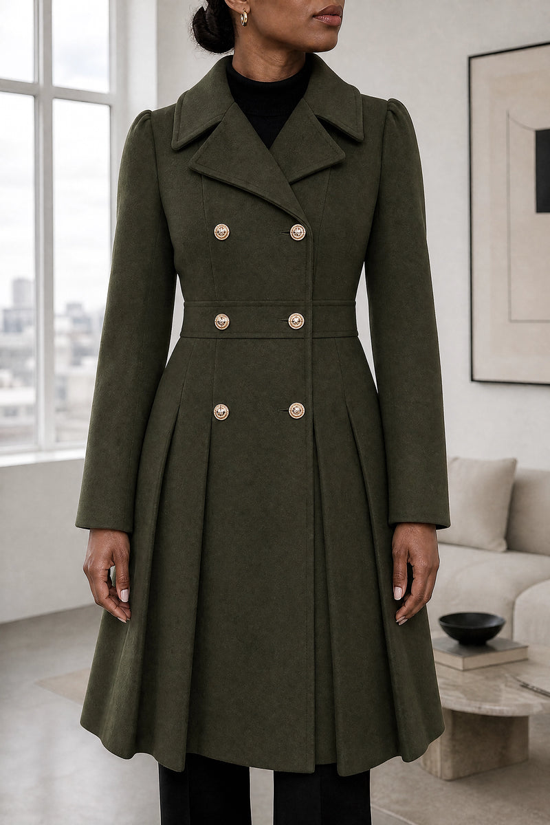 Flora | Double Button Coat in Army Green, fabric close-up