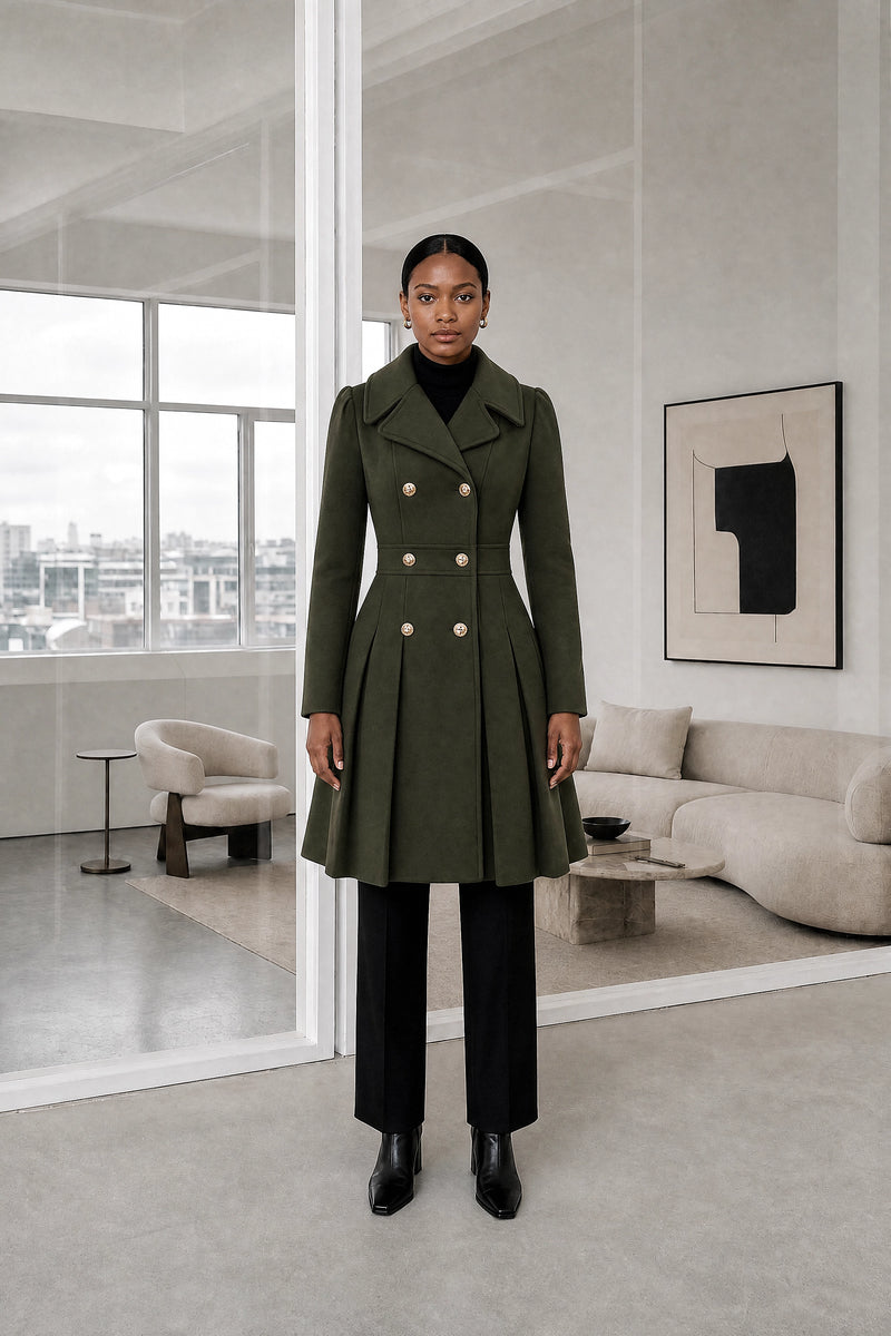 Flora | Double Button Coat in Army Green, studio front view