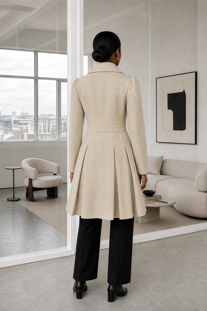 Flora | Double Button Coat in Beige, studio back view