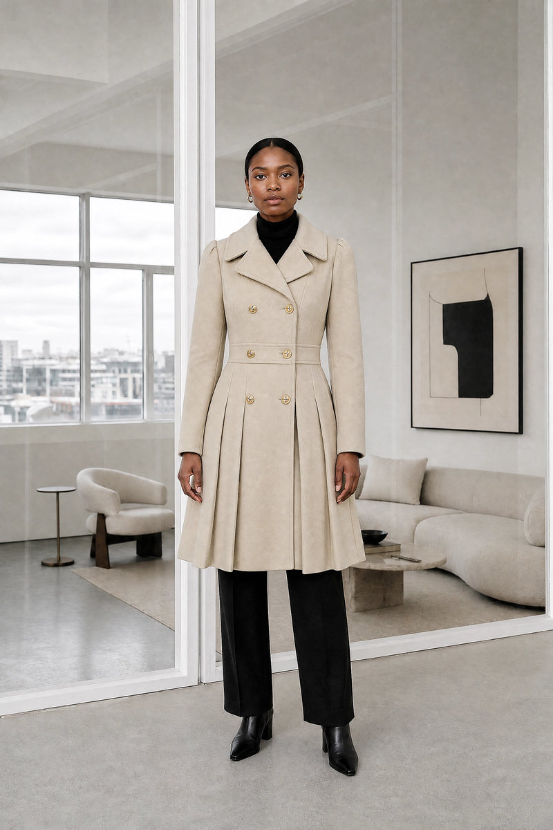 Flora | Double Button Coat in Beige, studio front view