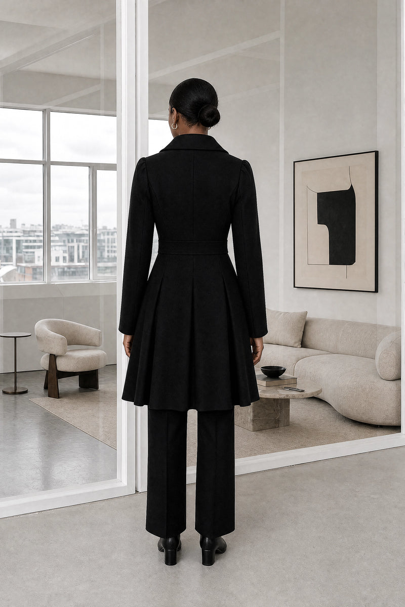 Flora | Double Button Coat in Black, studio back view