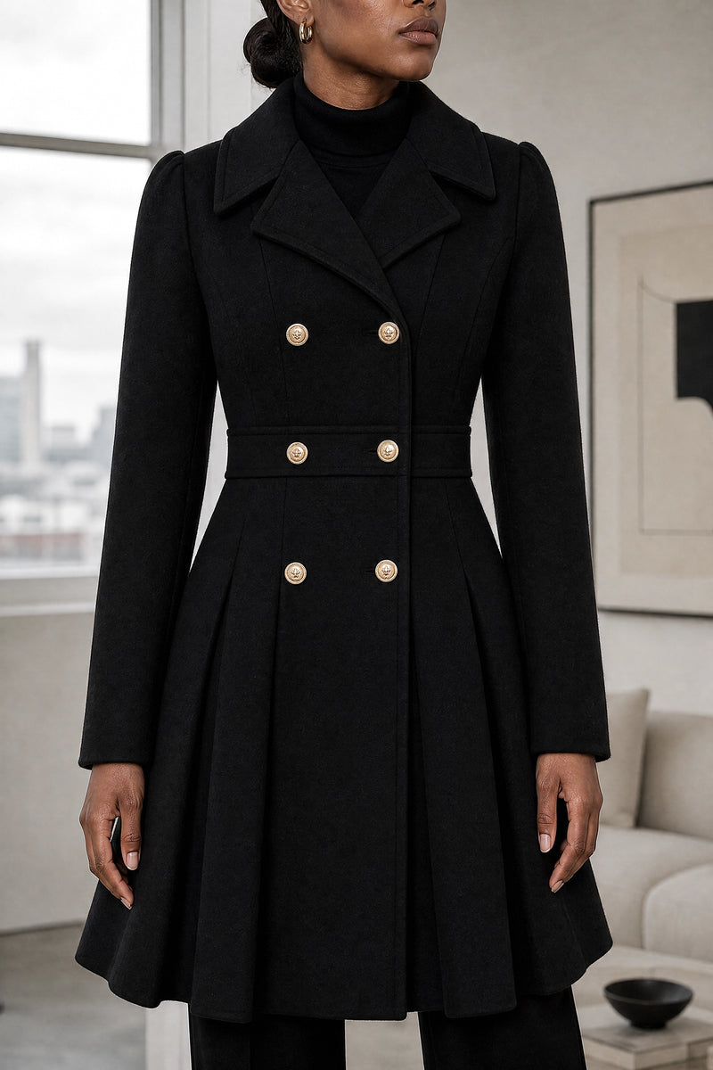 Flora | Double Button Coat in Black, fabric close-up