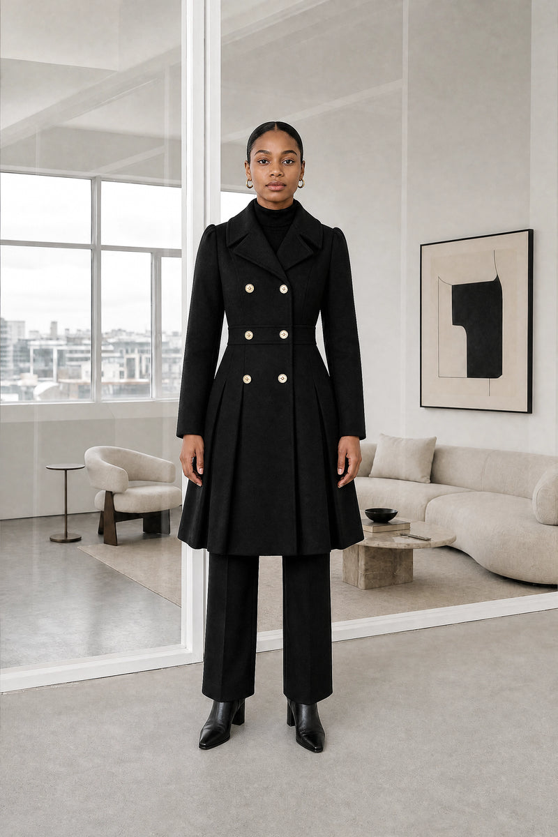 Flora | Double Button Coat in Black, studio front view