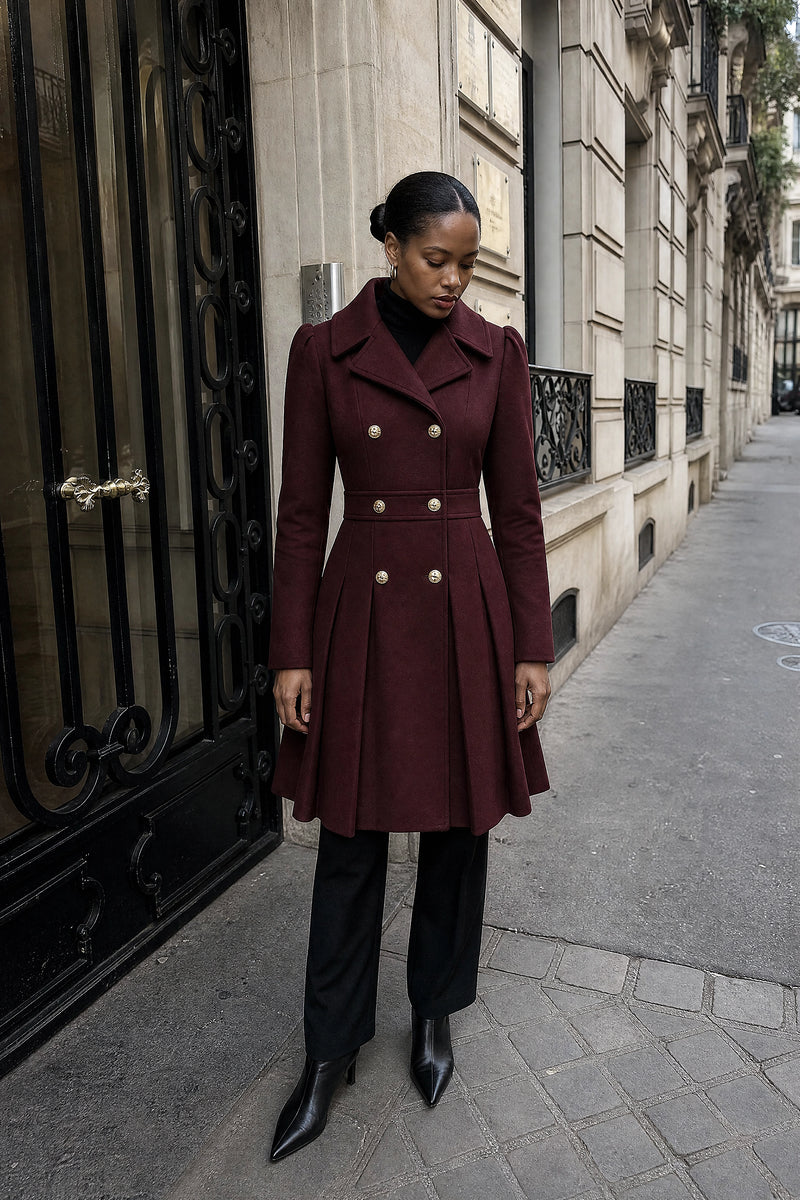 SOFAINE-V7-LIFE-Flora | Double Button Coat in Burgundy, street-style view