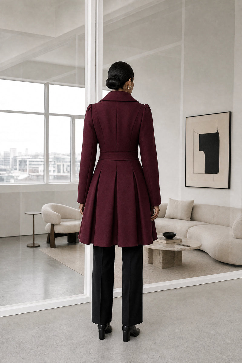 Flora | Double Button Coat in Burgundy, studio back view
