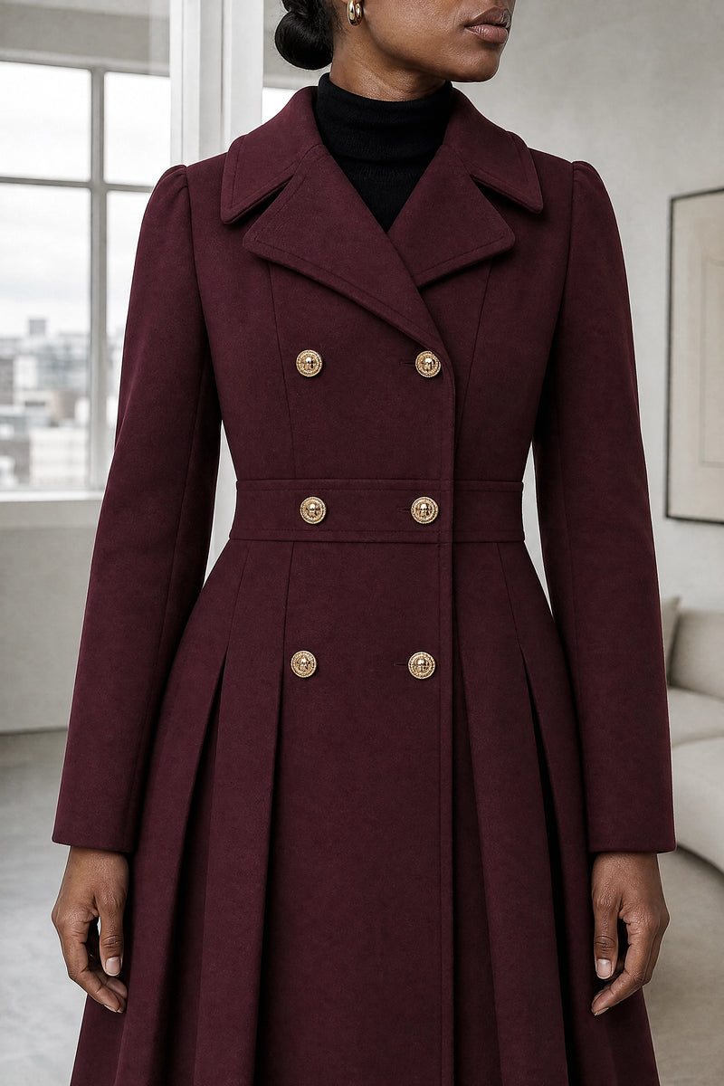Flora | Double Button Coat in Burgundy, fabric close-up