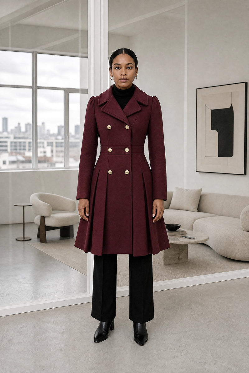 Flora | Double Button Coat in Burgundy, studio front view