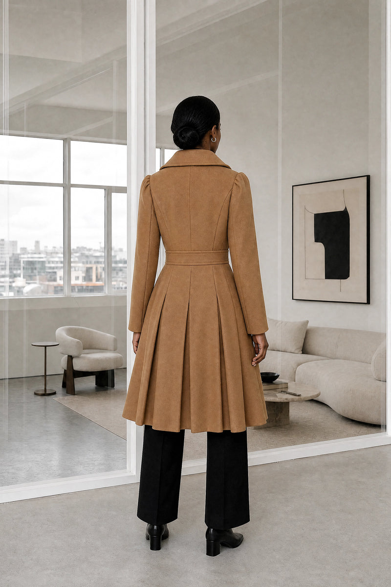 Flora | Double Button Coat in Camel, studio back view