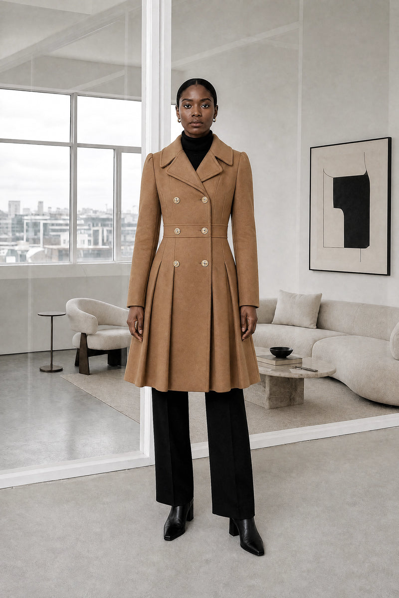 Flora | Double Button Coat in Camel, studio front view