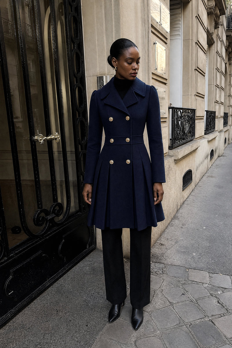 SOFAINE-V7-LIFE-Flora | Double Button Coat in Dark Blue, street-style view