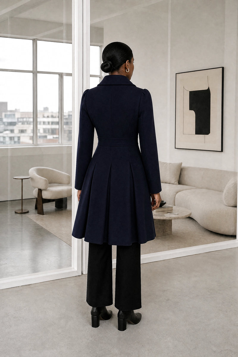 Flora | Double Button Coat in Dark Blue, studio back view
